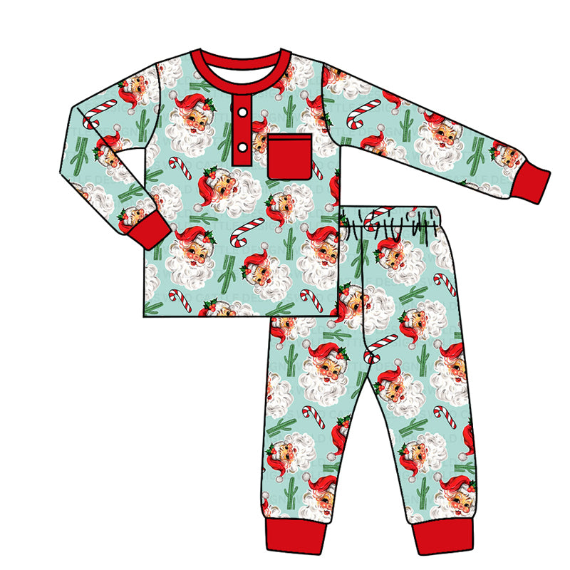 presale BLP0757  Cactus Santa Cane Red Pocket Green Long Sleeve Long Pants Pajama Set 2024 7.22