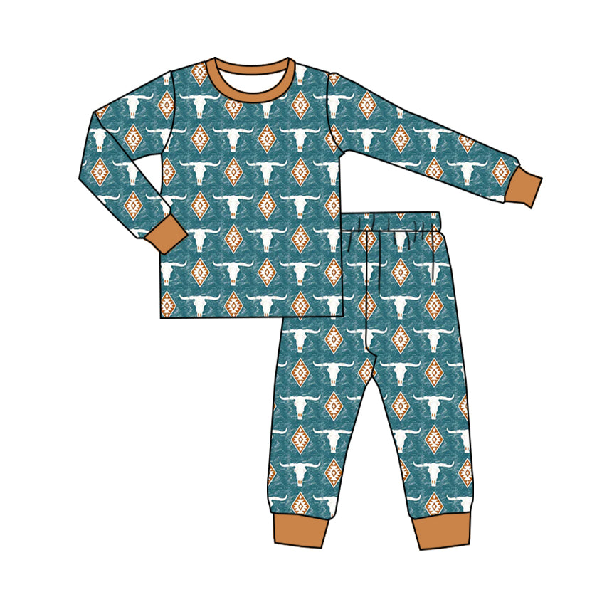 presale BLP0765 Blue long-sleeved and long-pants pajamas set with alpine bull head geometric pattern 2024 7.24