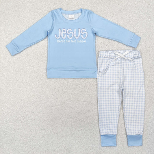 BLP0767  Light blue long-sleeved striped trousers suit with letters