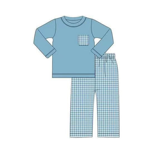 presale BLP0770  Solid color mist blue long-sleeved plaid trousers suit 2024 7.25