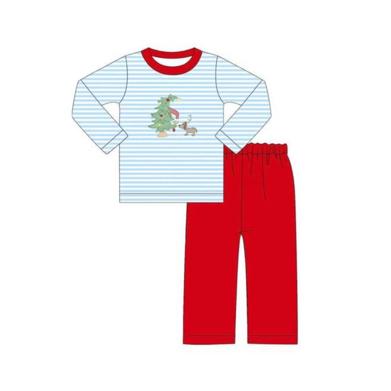 BLP0772  Christmas Tree Puppy Blue Striped Long Sleeve Top Red Pants Set