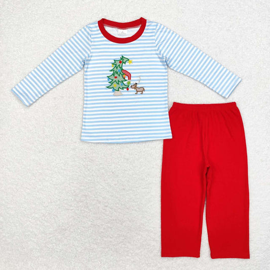 BLP0772 Christmas Tree Puppy Blue Striped Long Sleeve Top Red Pants Set