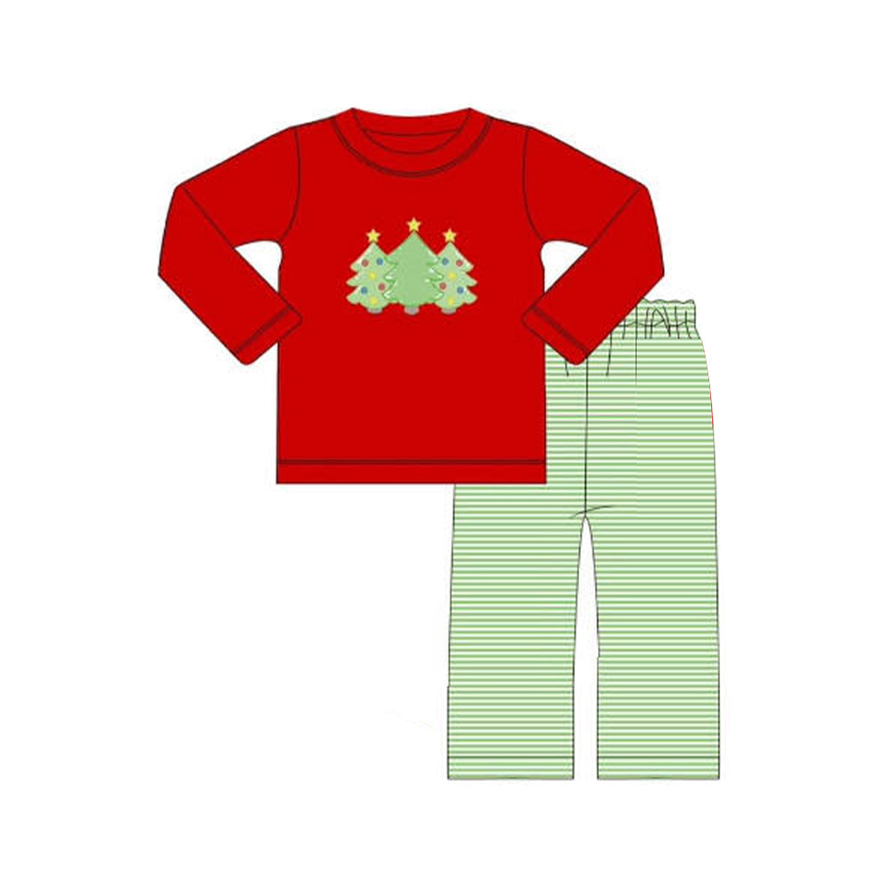 presale BLP0773  Christmas tree pattern red long-sleeved top and green striped trousers set 2024 7.25