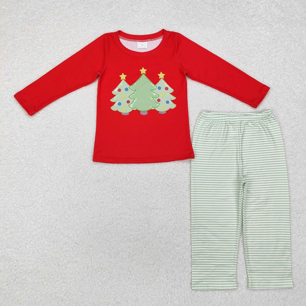 BLP0773  Christmas tree pattern red long-sleeved top and green striped trousers set