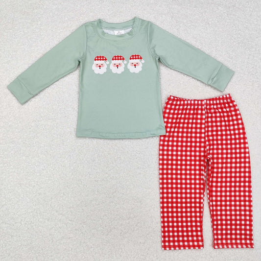 BLP0774 Santa Claus Green Long Sleeve Top Red and White Plaid Pants Set