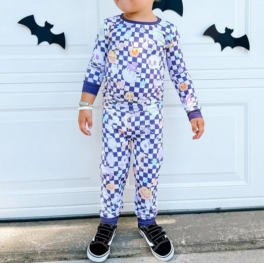 presale BLP0778  Skull Print Purple Plaid Long Sleeve Pants Set  2024 7.27