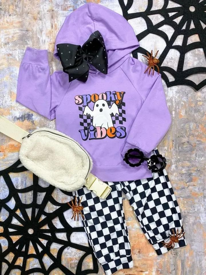 BLP0792 Ghost purple long-sleeved top and black and white plaid trousers set