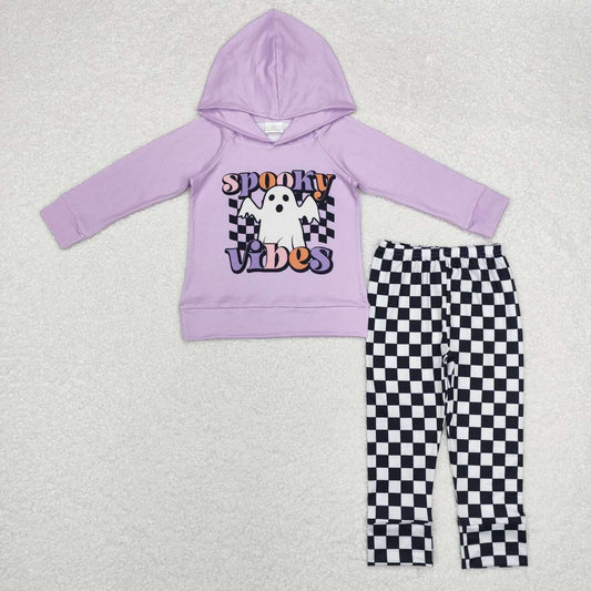 BLP0792 Ghost purple long-sleeved top and black and white plaid trousers set