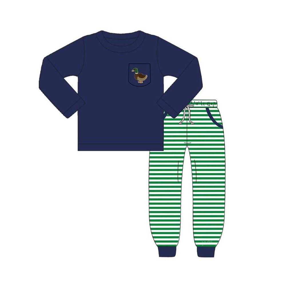 presale BLP0795 Duck Pocket Navy Blue Long Sleeve Green Striped Trousers Set 2024 7.31