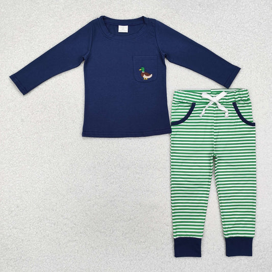 BLP0795 Duck Pocket Navy Blue Long Sleeve Green Striped Trousers Set