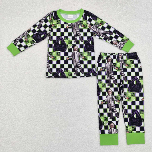 BLP0801  Halloween Clown Spider Web Black and White Plaid Long Sleeve Long Pants Pajama Set