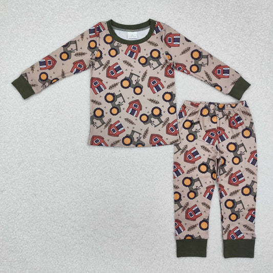 BLP0803 Farm Tractor House Brown Green Long Sleeve Long Pants Pajama Set