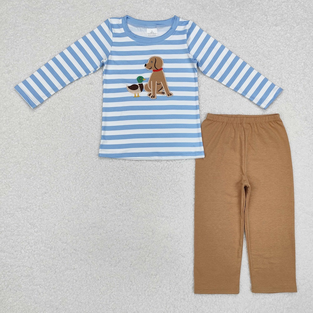 BLP0805  Duck Puppy Blue and White Striped Long Sleeve Brown Pants Suit