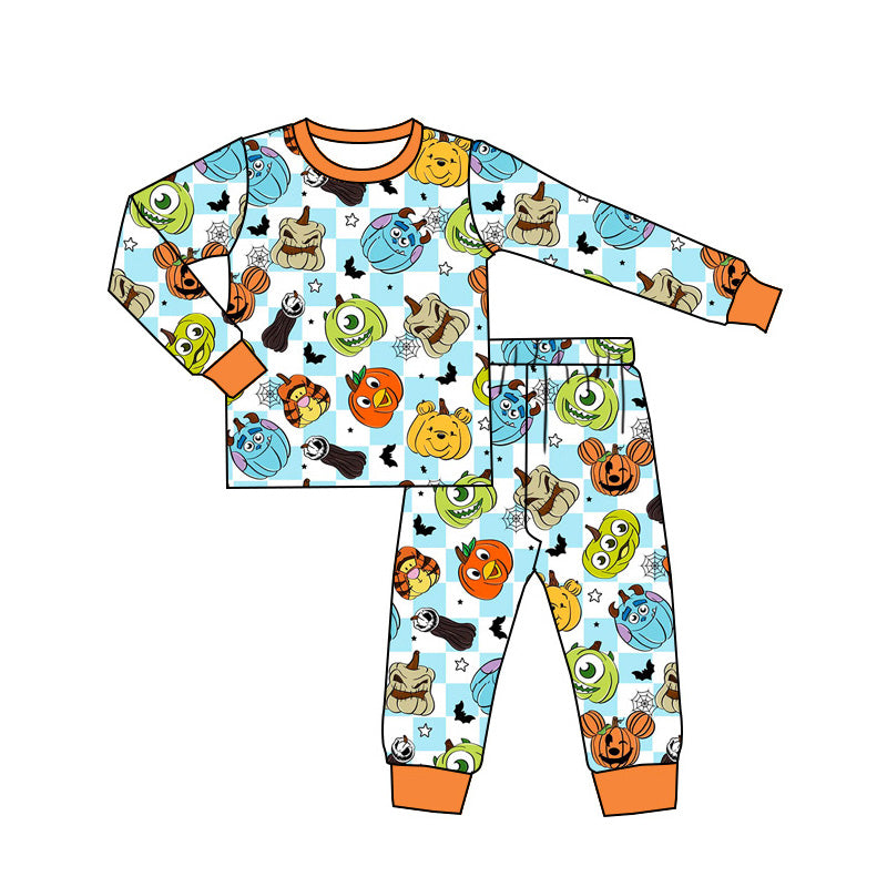 BLP0809 Halloween Orange-edged Blue and White Plaid Long Sleeve Pants Pajama Set