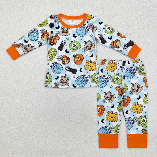 BLP0809 Halloween Orange-edged Blue and White Plaid Long Sleeve Pants Pajama Set