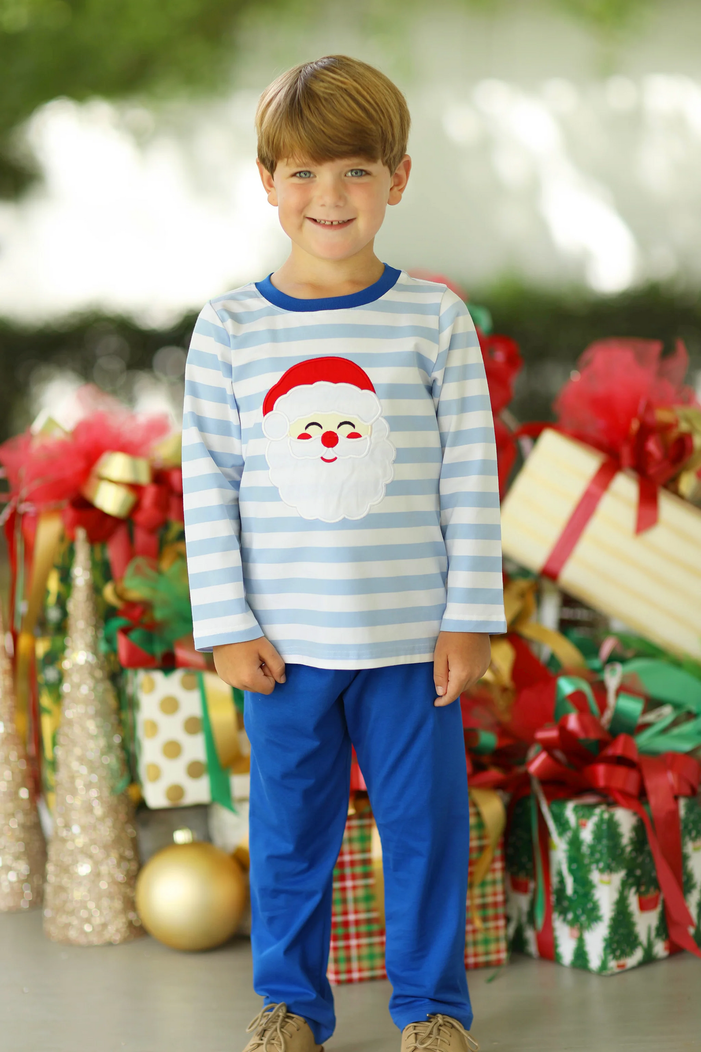 BLP0810  Santa Claus blue and white striped long sleeve pants suit