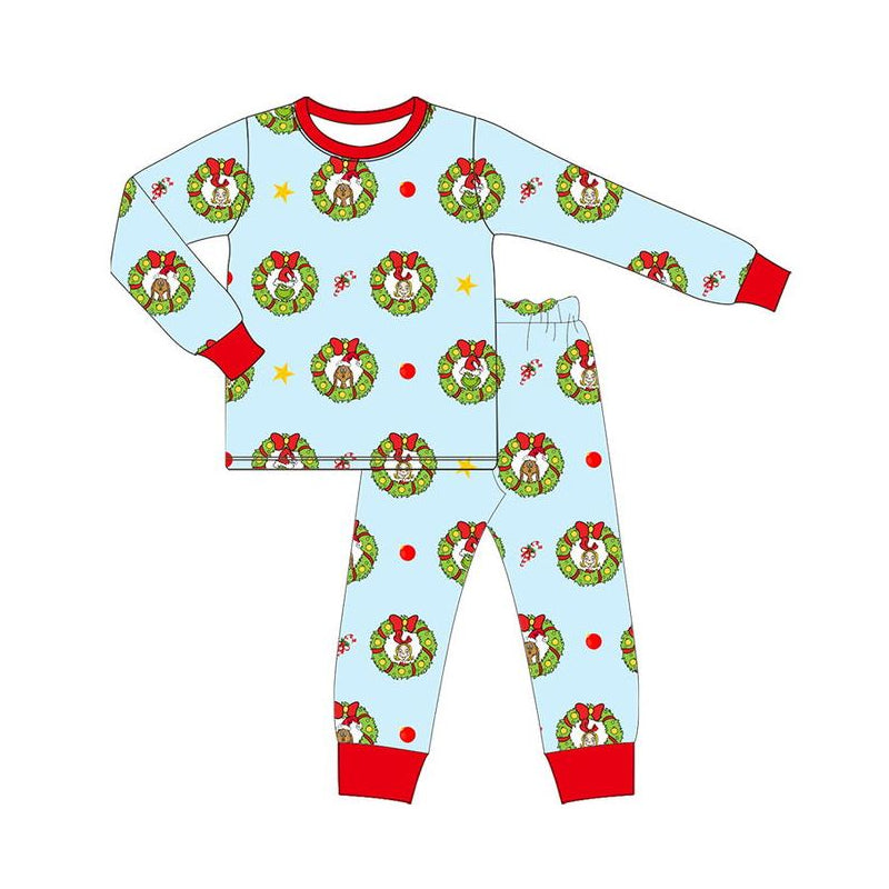 presale BLP0811 Christmas Wreath Red Trim Blue Long Sleeve Long Pants Pajama Set  2024 8.3