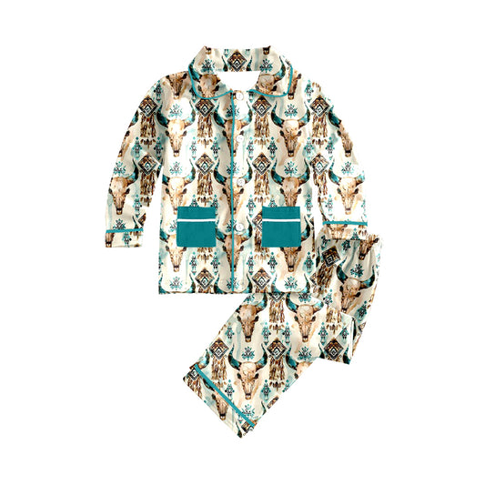 presale BLP0815 Beige long-sleeved trousers pajama set with geometric pattern of alpine bull head and pockets 2024 8.5