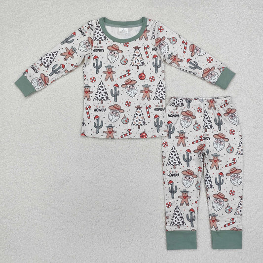 BLP0817 Cowboy Hat Santa Claus Cactus Gingerbread Man Beige Long Sleeve Long Pants Pajama Set