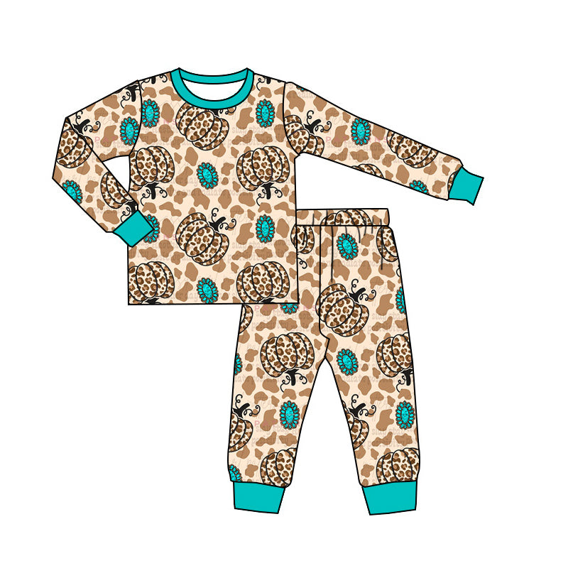 presale BLP0824  Leopard Cow Pattern Pumpkin Gem Brown Long Sleeve Long Pants Pajama Set 2024 8.7