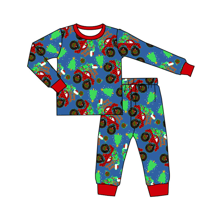 presale BLP0827 Christmas Tree Truck Blue and Red Long Sleeve Long Pants Pajama Set   2024 8.7