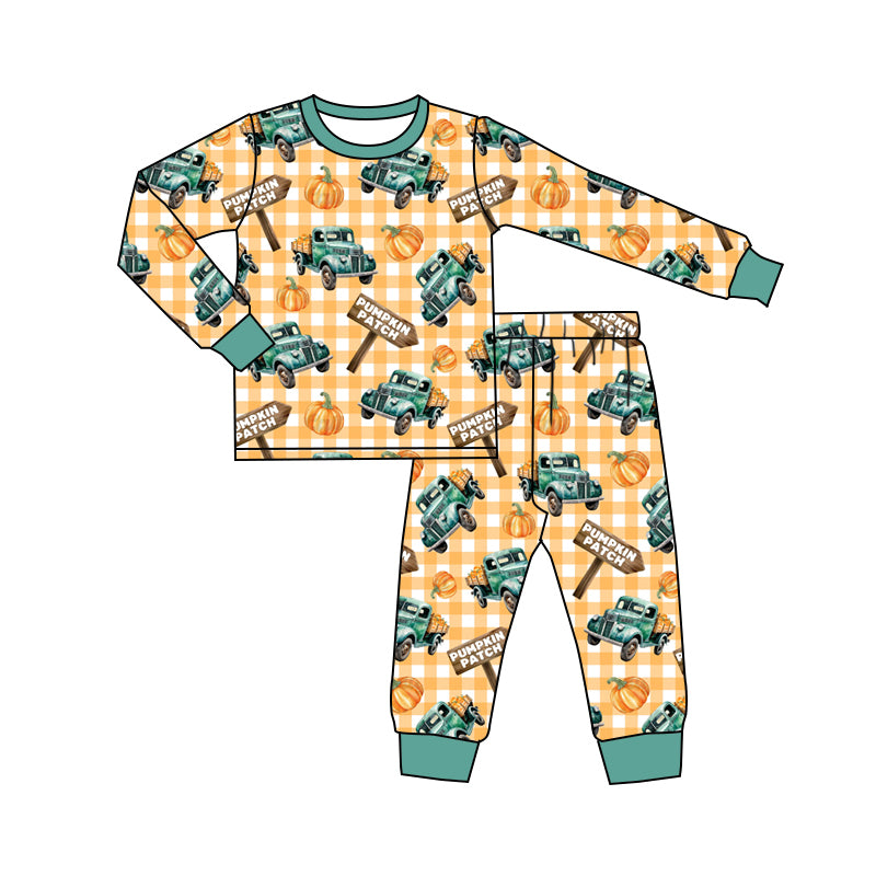 presale BLP0843 Pumpkin Truck Yellow Plaid Long Sleeve Long Pants Pajama Set 2024 8.12