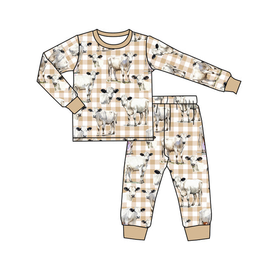 presale BLP0845 Cow Khaki Plaid Long Sleeve Long Pants Pajama Set  2024 8.12