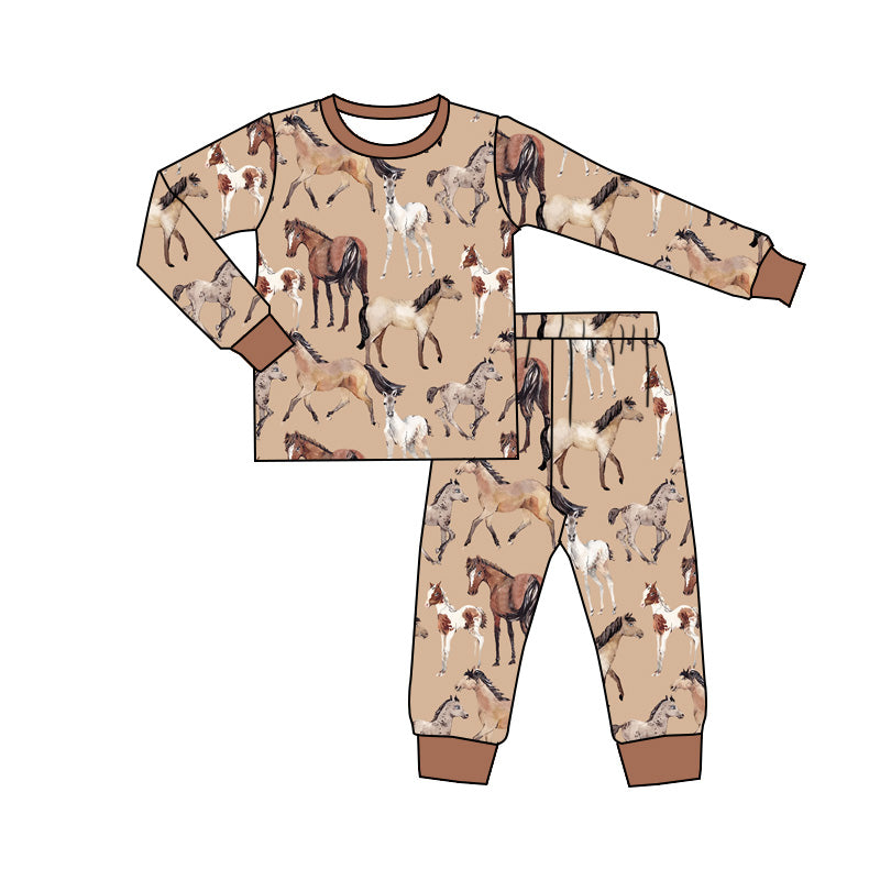 presale BLP0852 Horse Brown Long Sleeve Long Pants Pajama Set  2024 8..14