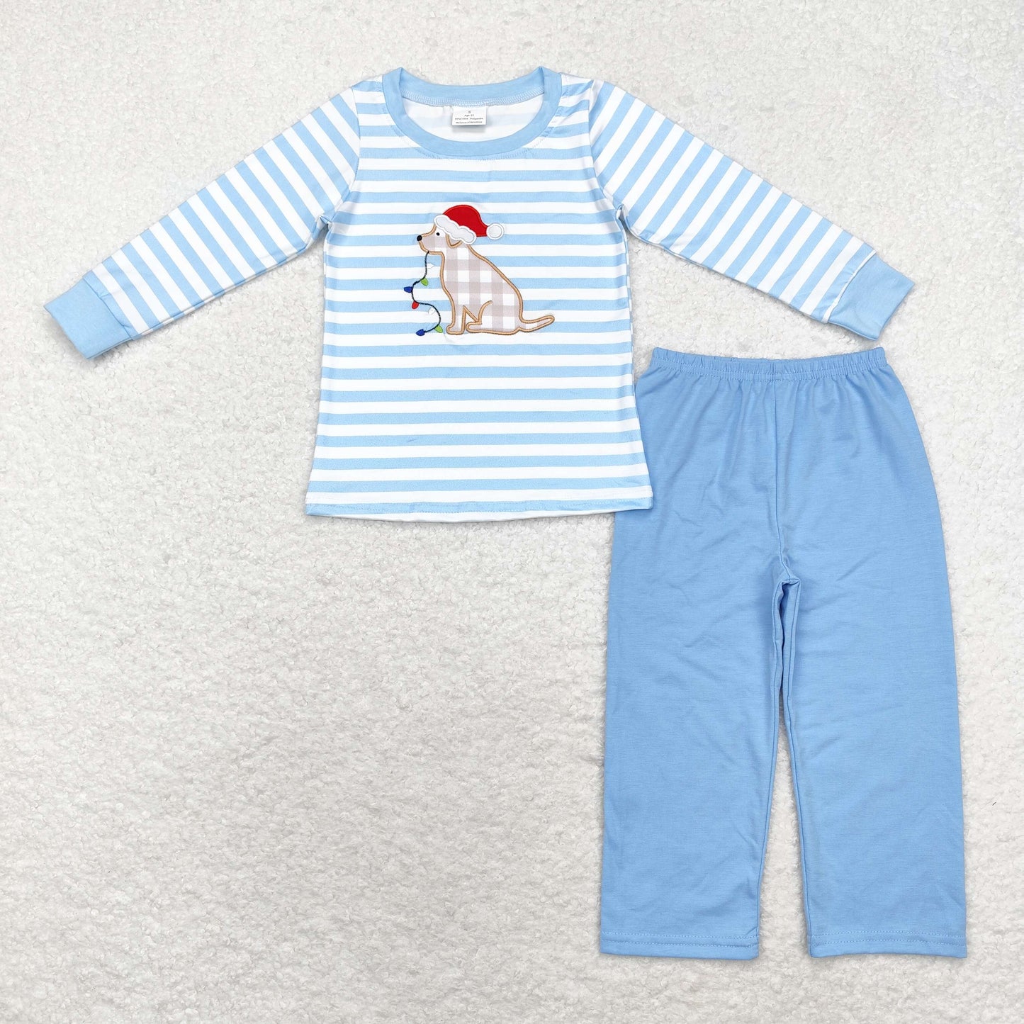 BLP0864 Christmas hat puppy light stripe blue and white long sleeve pants suit