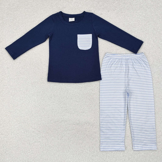 BLP0868 Striped pocket navy blue long sleeve trousers suit