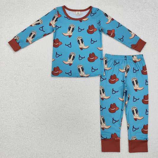 BLP0872 Bamboo Boots, cowboy hat, blue-brown long-sleeved pants, pajama set