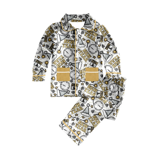 presale BLP0874 New Year Gold Pocket White Long Sleeve Long Pants Pajama Set 2024 8.22
