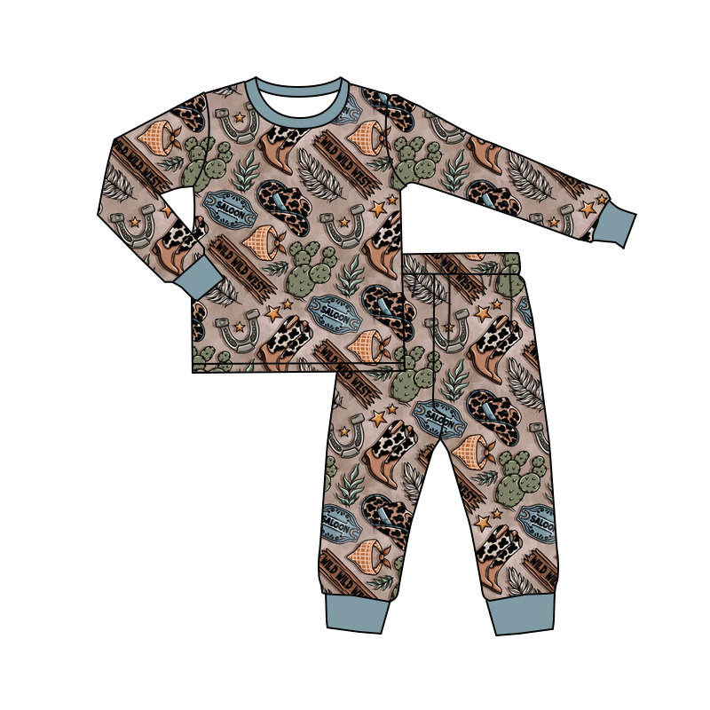 BLP0878 Cactus cowboy hat boots brown blue long sleeve long pants pajama set