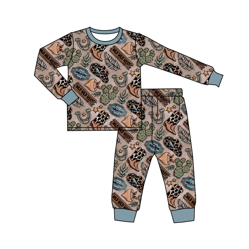 presale BLP0878 Cactus cowboy hat boots brown blue long sleeve long pants pajama set   2024 8.23