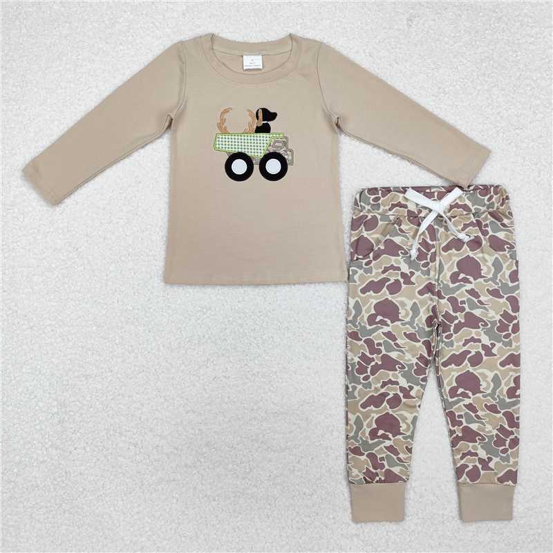 Sibling Baby Boys Embroidery Deer & Dog Truck Print Top with Shorts Hunting Themed Outfit Set Casual Kids Clothing Set