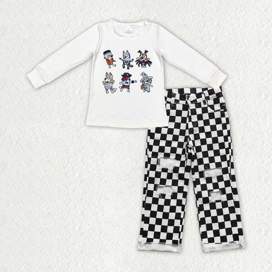BLP0892 Baby Boys Dogs Halloween Black Checkered Denim Pants clothes sets