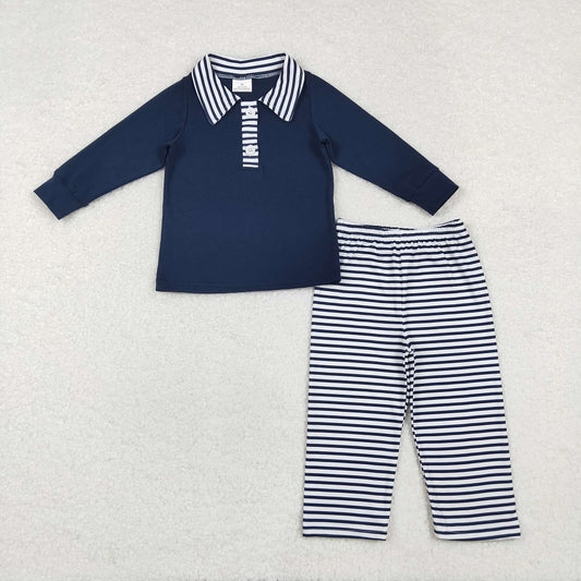 BLP0897 Navy blue long-sleeved trousers suit with striped collar