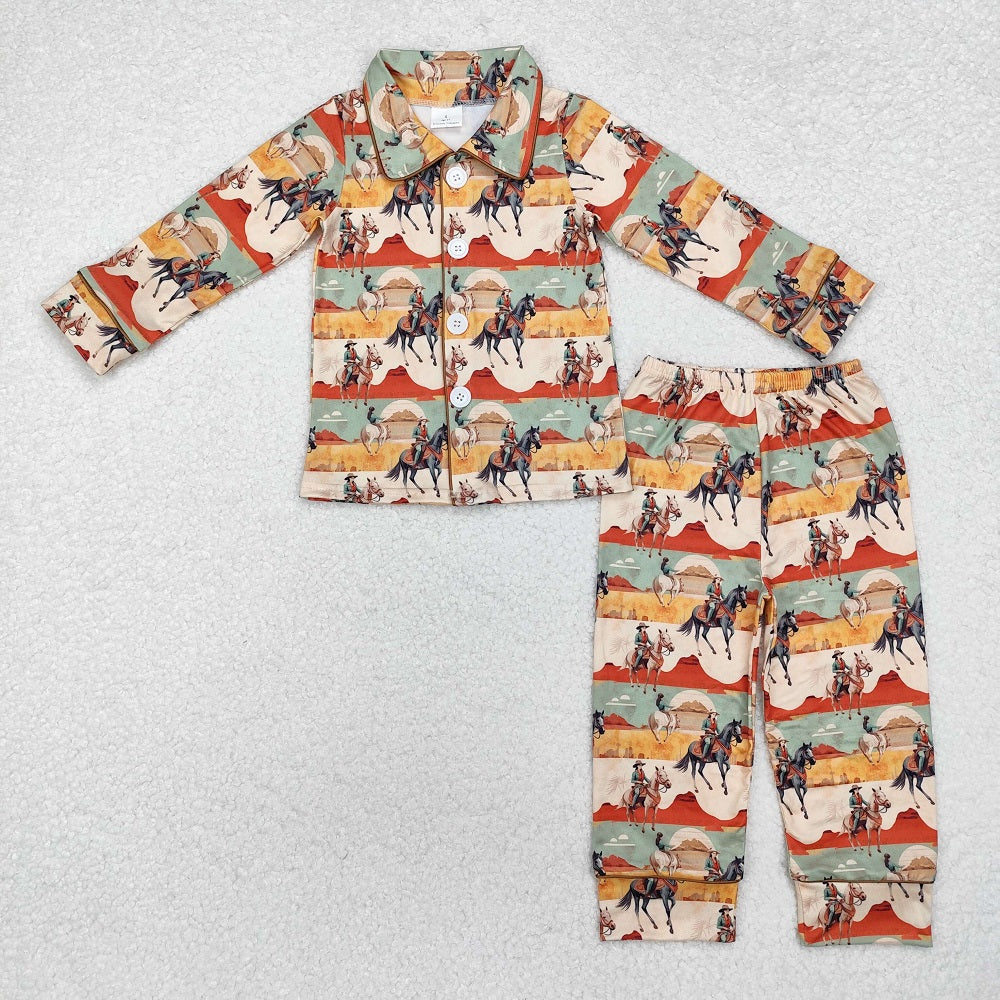 BLP0902 Horse Riding Desert Beige Green Long Sleeve Long Pants Pajama Set