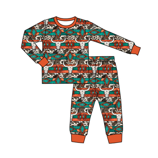 presale BLP0908 Alpine Bull Head Geometric Pattern Orange Brown Long Sleeve Long Pants Pajama Set   2024 8.30