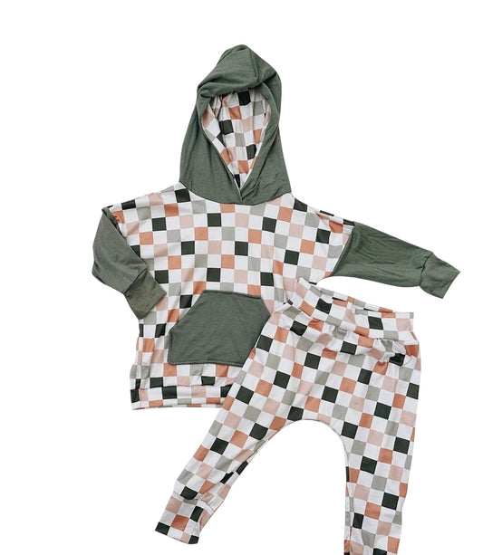 presale BLP0913 Colorful plaid green pocket hooded long sleeve trousers set  2024 9.2