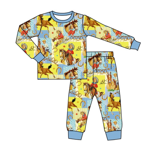 presale BLP0915  Horse Riding Boys Yellow Blue Long Sleeve Long Pants Pajama Set 2024 9.2