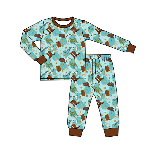 presale BLP0928 Bull head cactus cowboy hat boots brown blue long sleeve long pants pajama set 2024 9.5