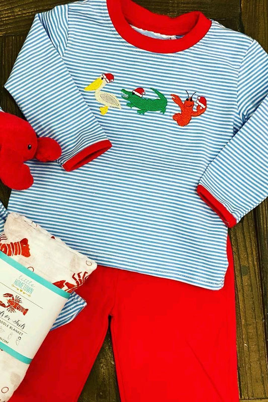 presale BLP0938 Christmas Bird Crocodile Lobster Blue Striped Long Sleeve Red Pants Suit   2024 9.7