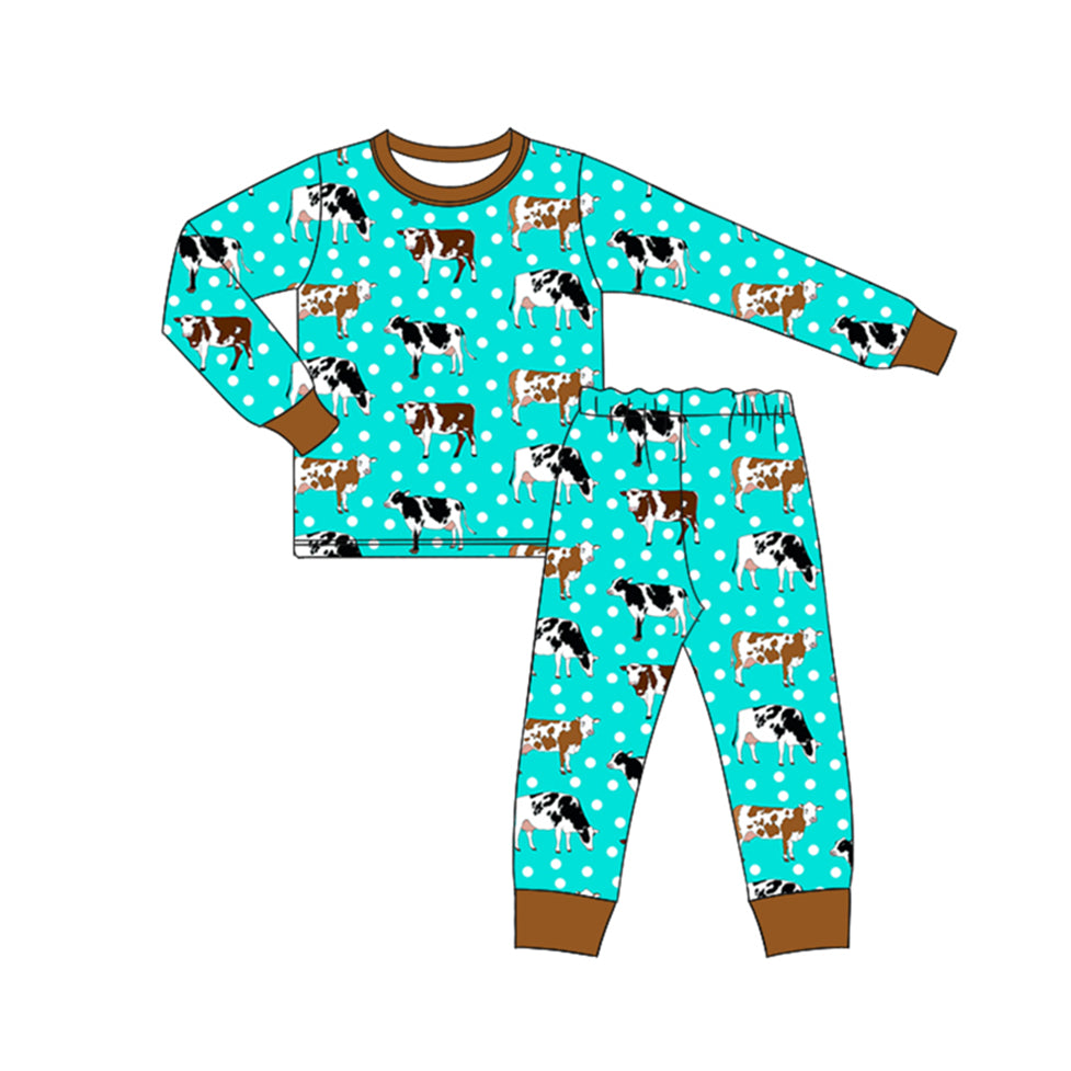 presale BLP0943  Cow Polka Dot Brown Trim Long Sleeve Long Pants Pajama Set 2024 9.10