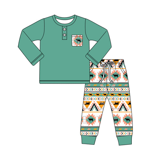 presale BLP0950 Green cow geometric pattern pocket long sleeve trousers suit   2024 9.11