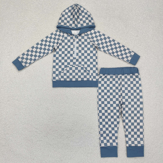 BLP0951  Beige Plaid Long Sleeve Hooded Pants Set