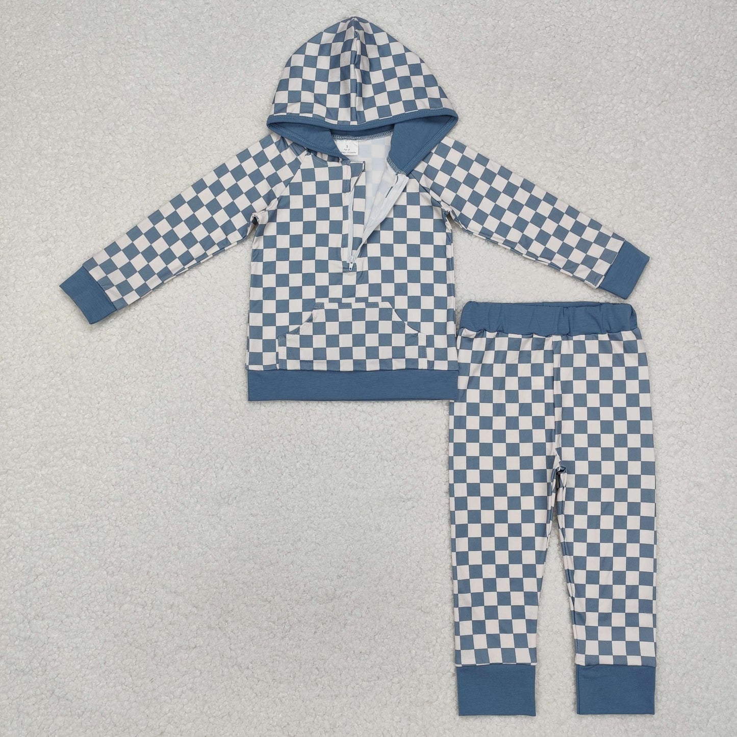 BLP0951  Beige Plaid Long Sleeve Hooded Pants Set