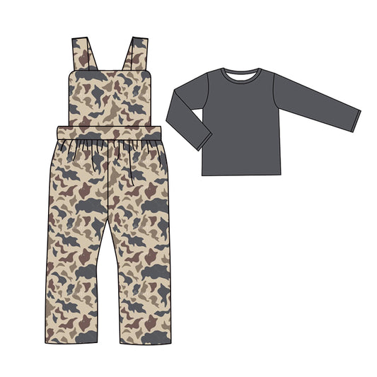 presale BLP0974  Baby Boys Grey Khaki Camo Straps Jumpsuits Shirts 2pcs Clothes Sets 2024 9.18