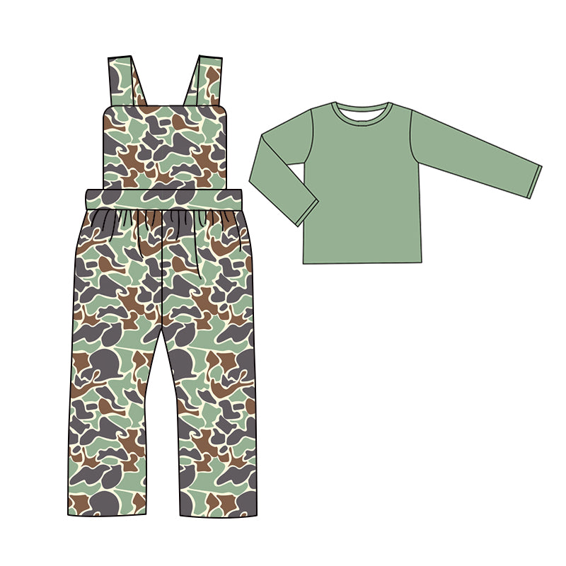 presale BLP0975 Baby Boys Green Camo Straps Jumpsuits Shirts 2pcs Clothes Sets 2024 9.18