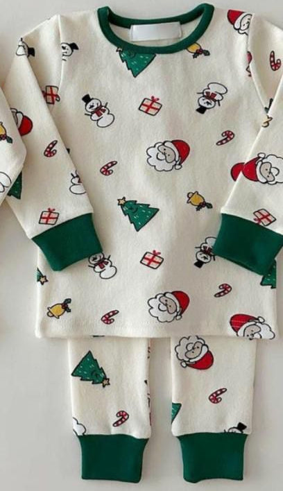 presale  BLP0979 Santa Claus Snowman Bell Gift Green Edge Long Sleeve Long Pants Pajama Set  2024 9.18